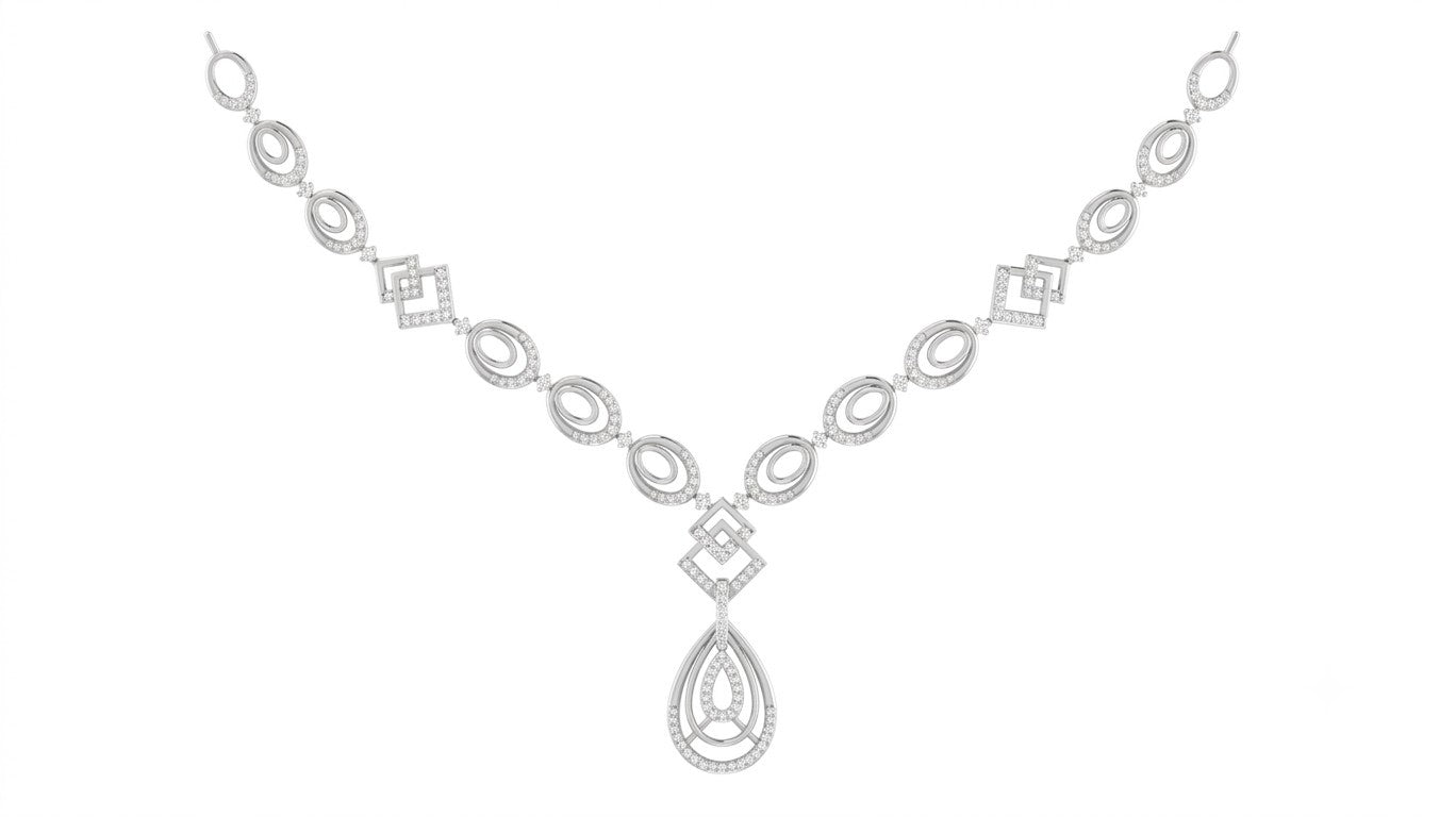 A white gold and diamond necklace with a teardrop-shaped pendant, displayed on a solid white background.