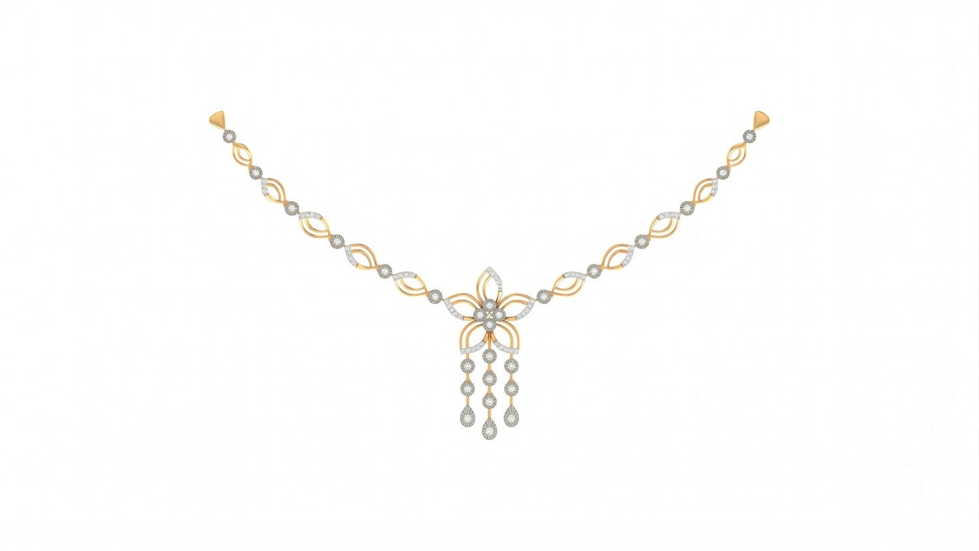 A yellow gold and diamond necklace with a central floral motif and dangling teardrop charms, displayed on a solid white background.