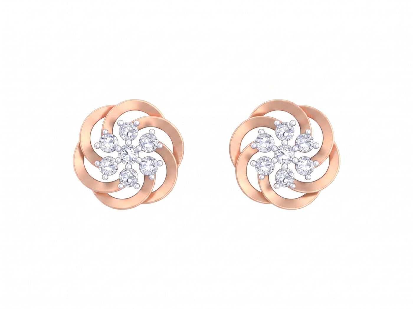 Rose gold and diamond stud earring with floral-design on a white background.
