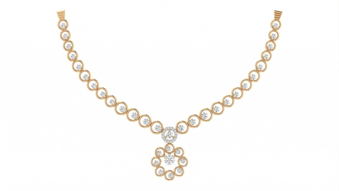Yellow gold necklace with diamond accents on a white background