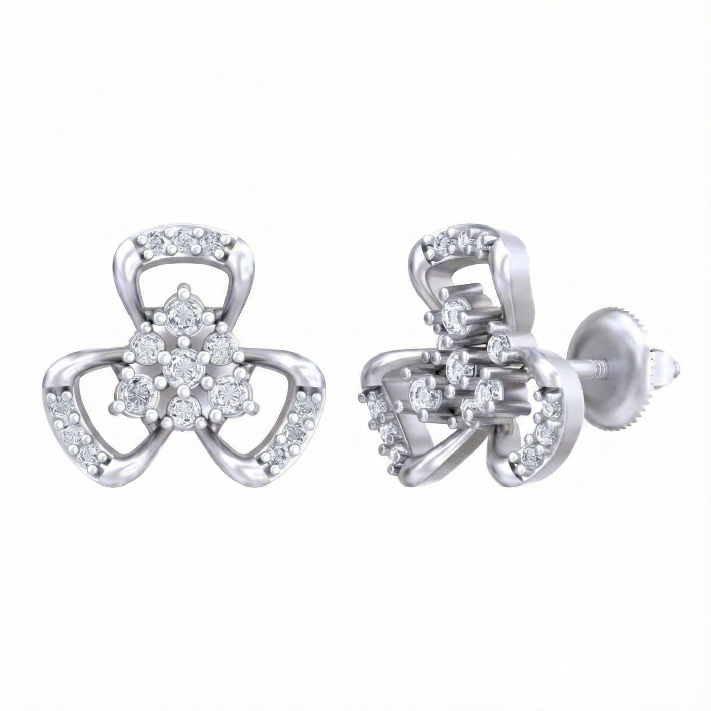White gold and diamond stud earrings with floral-design on a white background.
