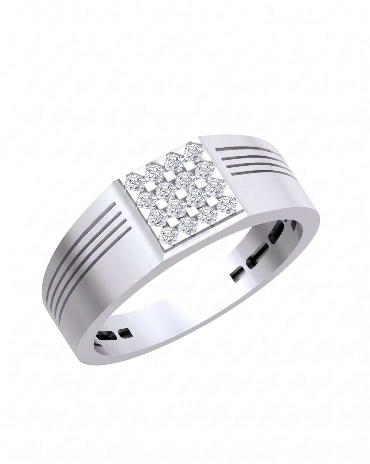 A men's band ring in white gold with a square-shaped diamond cluster set, shown on a plain white background.