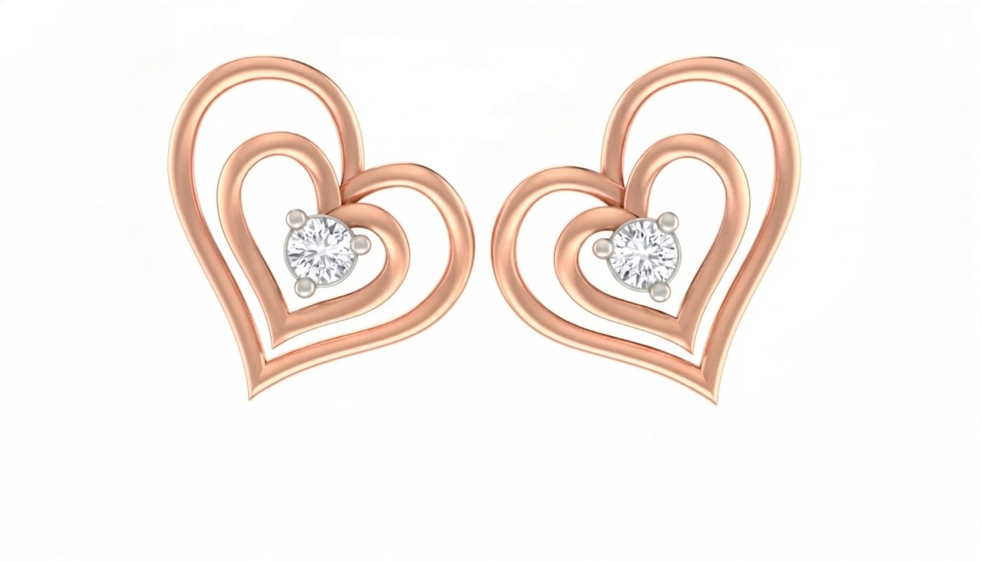 Rose Gold and diamond heart-shaped earrings on a white background
