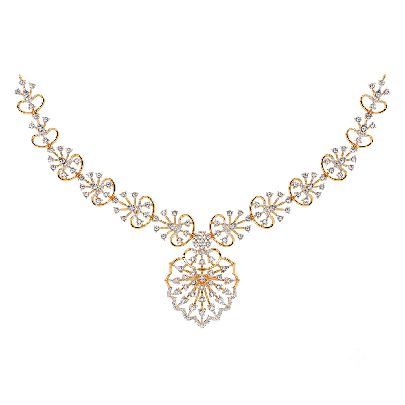 Yellow gold and diamond necklace with a floral design, displayed on a clean white background.