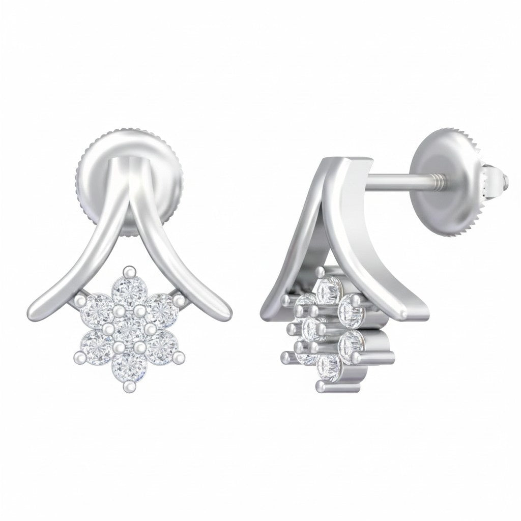 White gold and diamond stud earrings with floral design on a white background