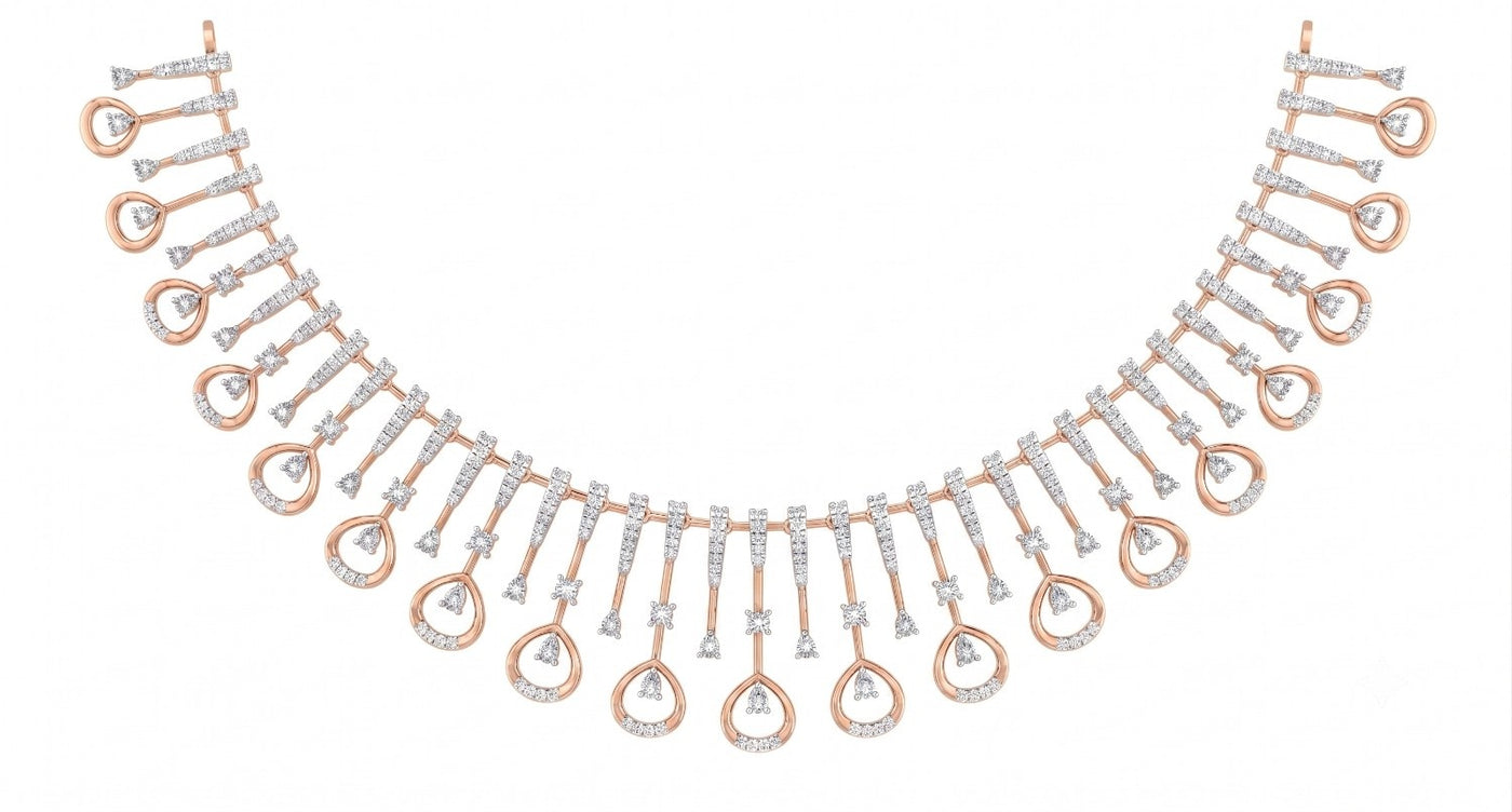 Rose gold and diamond statement necklace featuring a teardrop  diamond motifs on a white background.
