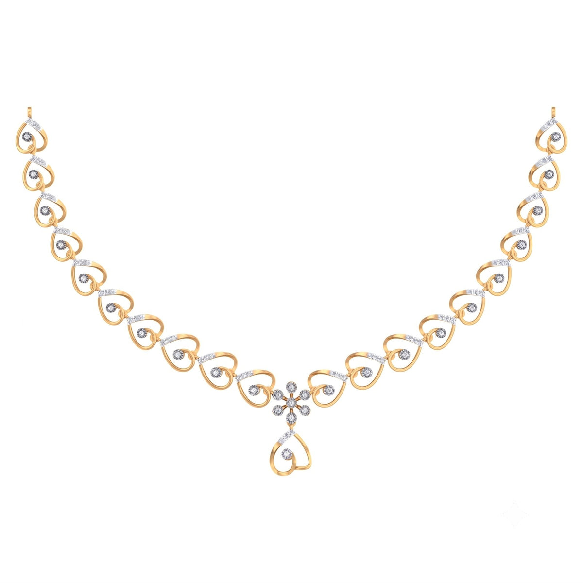 A yellow gold necklace featuring a repeating heart-shaped link pattern, a central floral motif, shown on a plain white background.