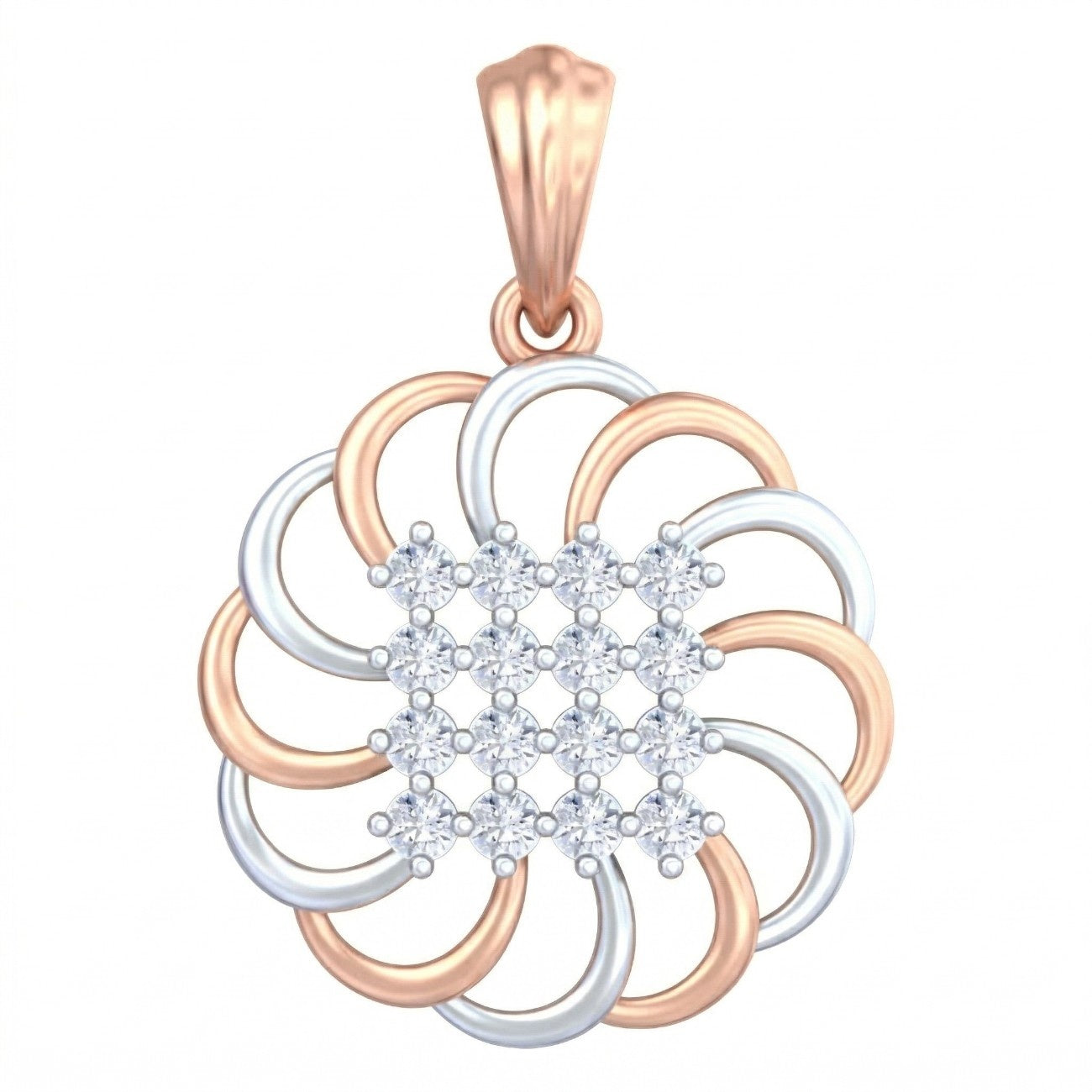 Rose gold and diamond floral pendant on white background