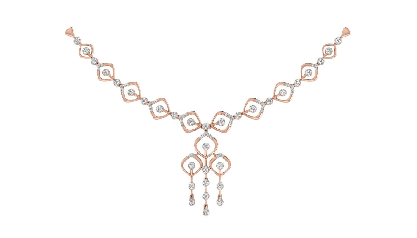 A rose gold and diamond necklace with a geometric style design, featuring a central motif and dangling elements, shown on a plain white background.