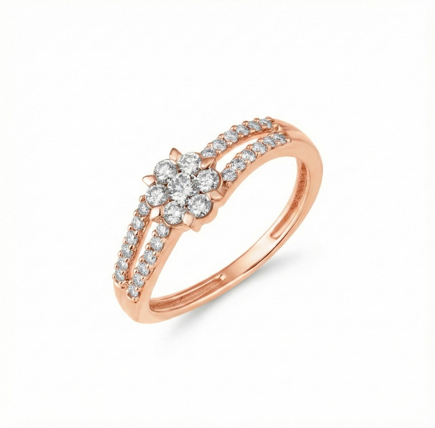 Rose gold ring with diamond accents on a white background