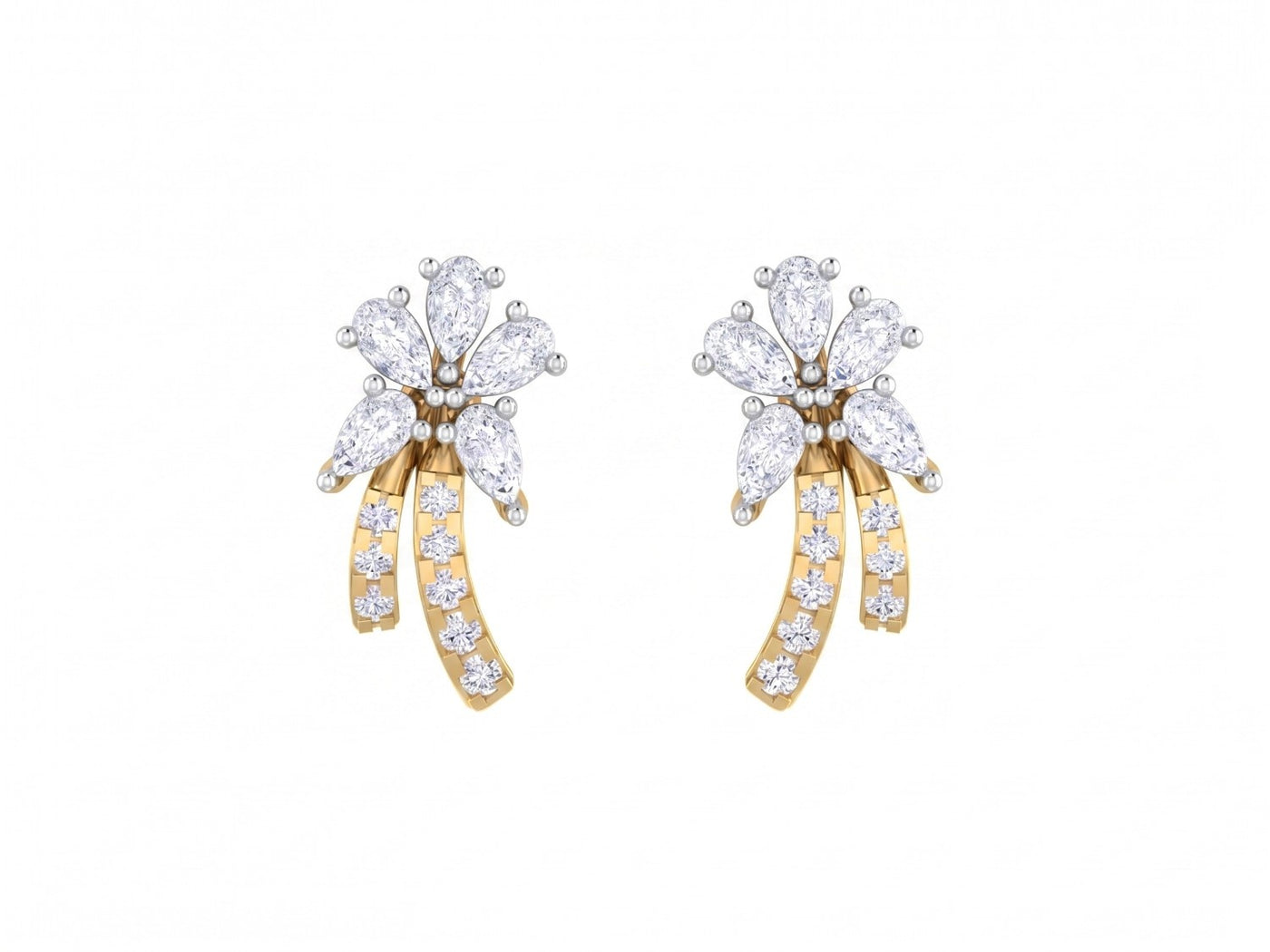 Yellow gold and diamond stud earring with floral-design on a white background.
