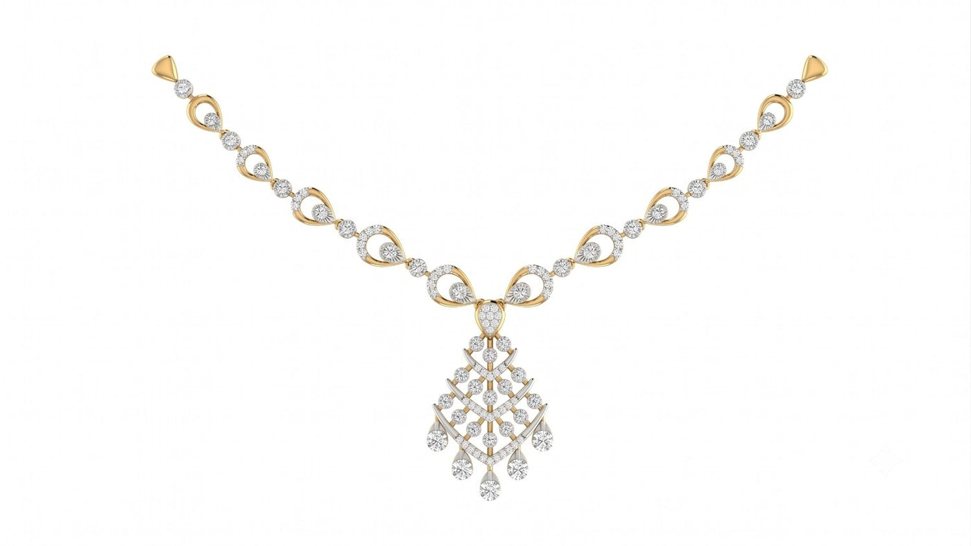 A yellow gold and diamond necklace with teardrop shaped, displayed on a solid white background.