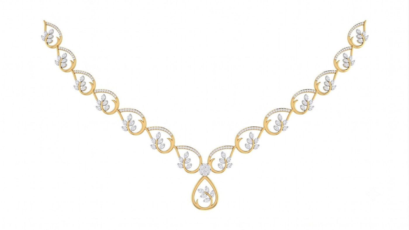 Yellow gold and diamond necklace featuring a teardrop shaped on a plain white background.