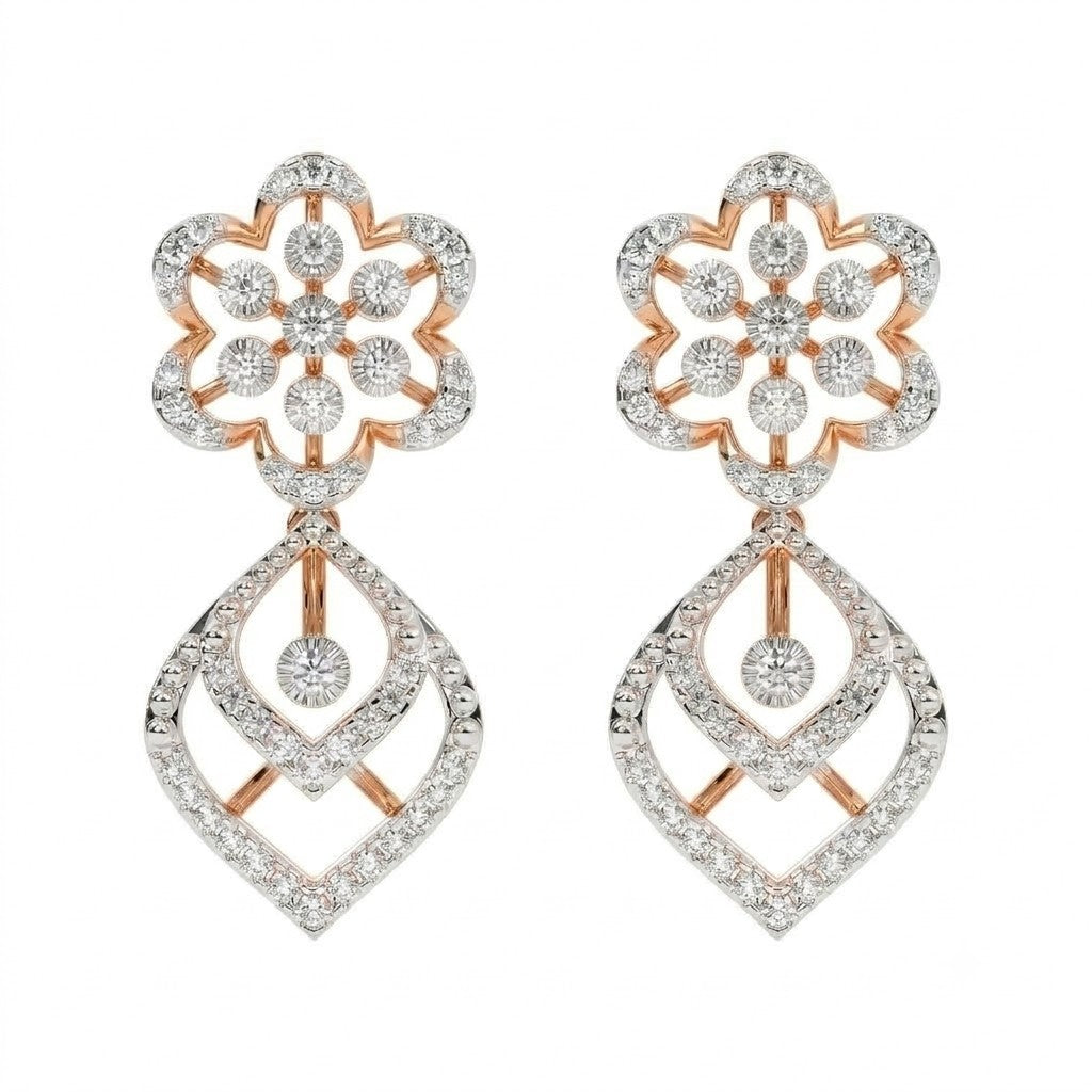 Pair of rose gold and diamond dangler stud earrings on a white background