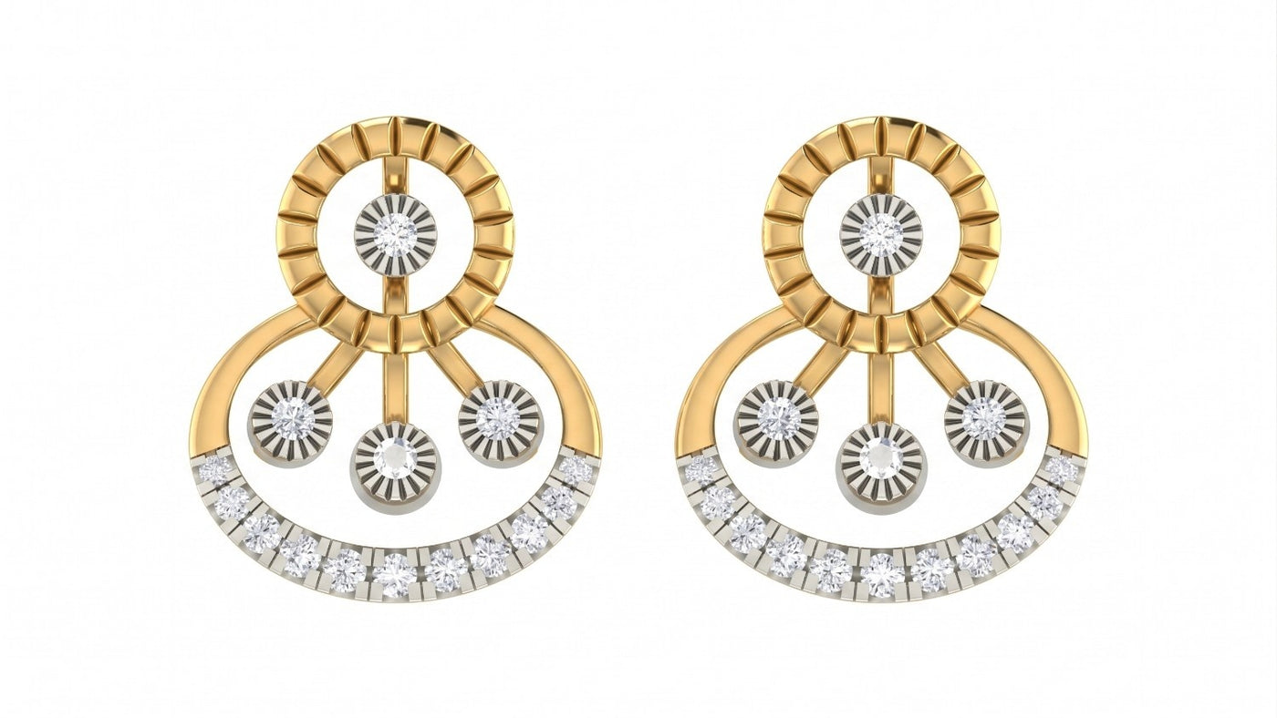 Pair of yellow gold and diamond stud earrings on a white background.