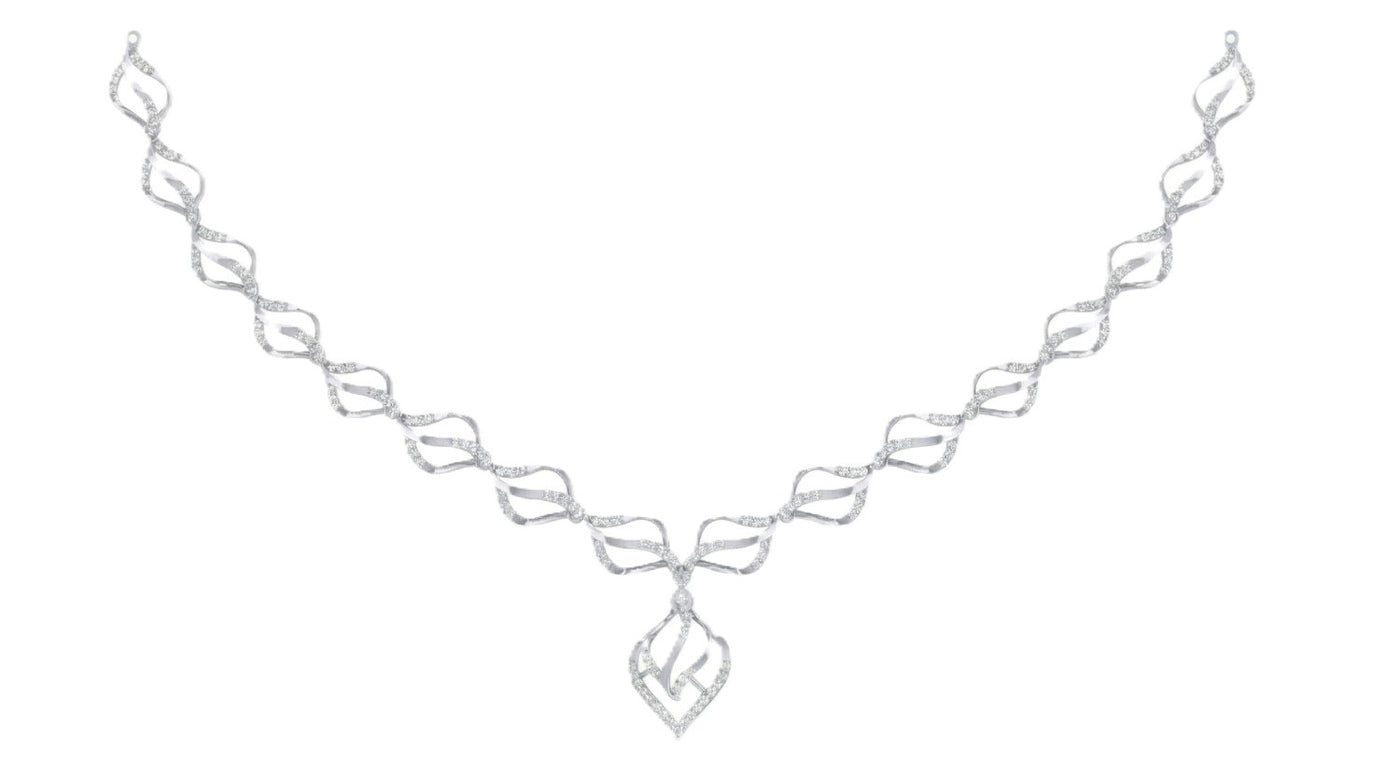 White gold necklace with a diamond-shaped design on a white background
