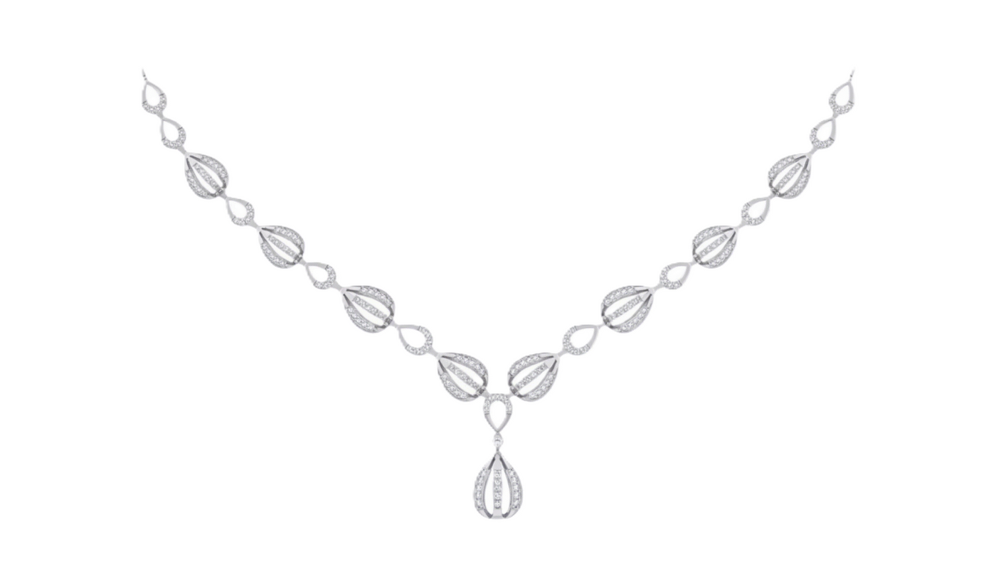 White gold and diamond necklace with leaf-like design on a white background