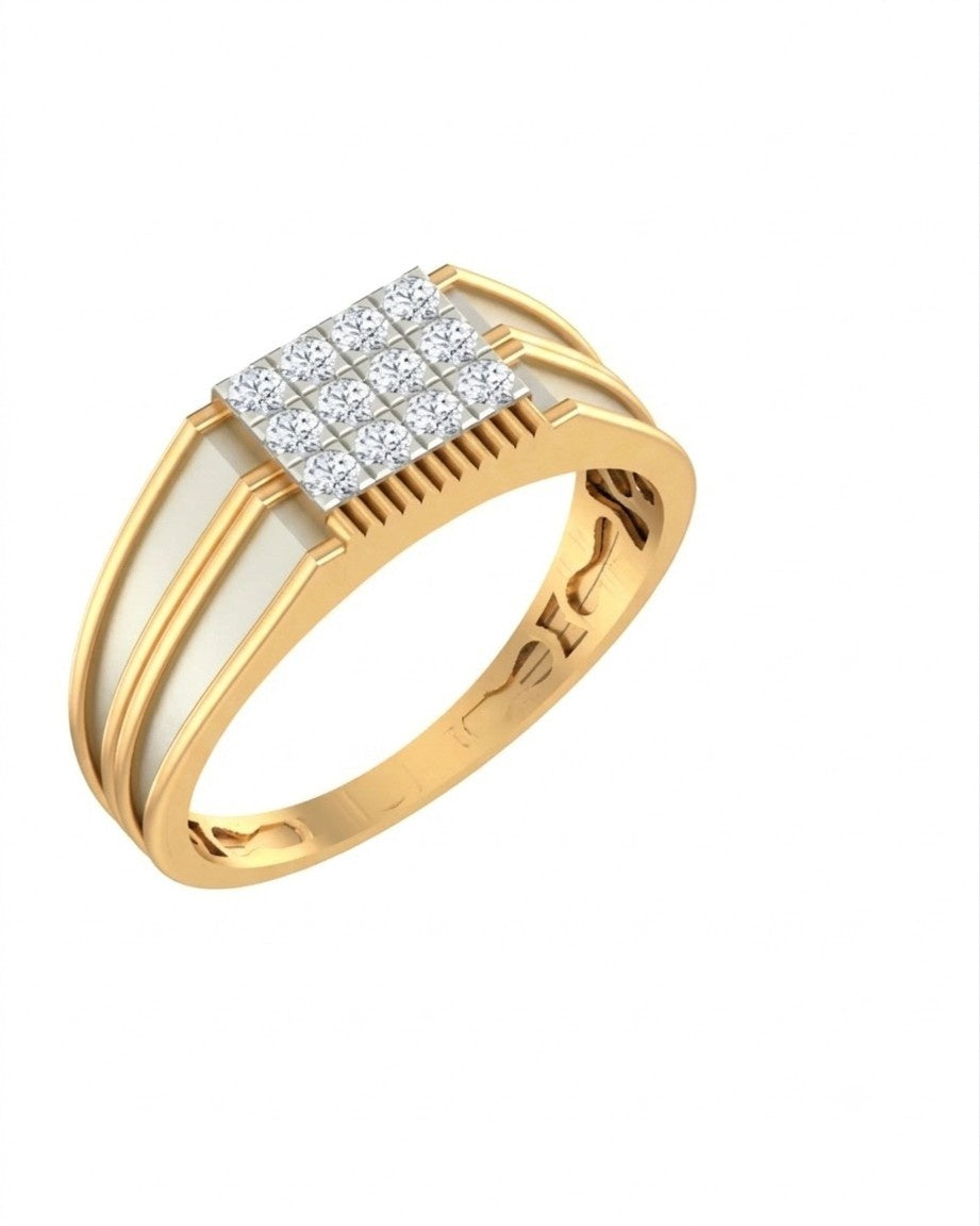 A yellow gold ring with a square diamond pavé setting and a central white inlay, shown on a plain white background.
