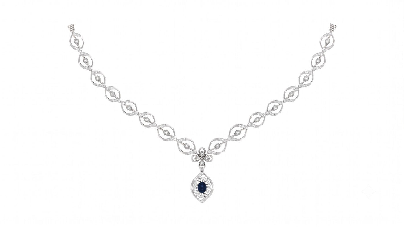 A white gold and diamond necklace with a teardrop-shaped pendant featuring a sapphire center gemstone, displayed on a solid white background.