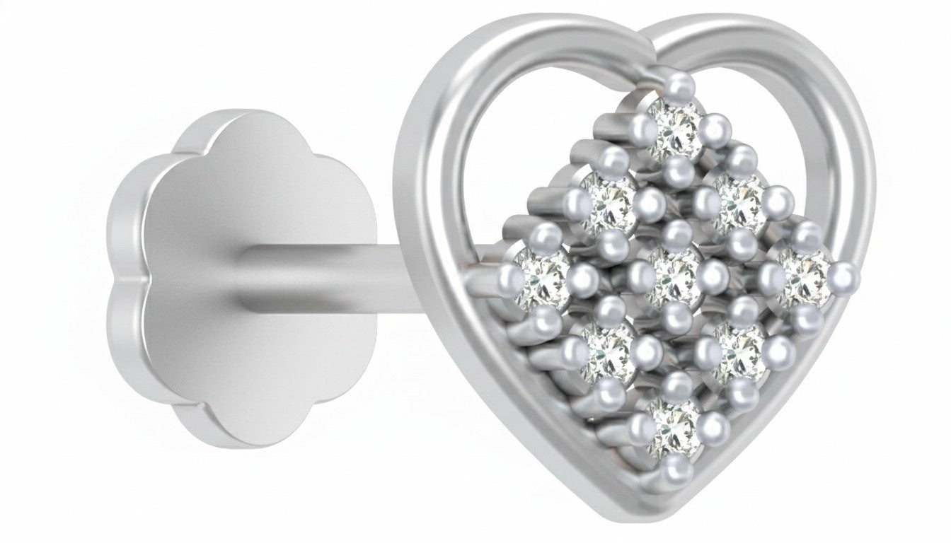 Elegant heart-shaped White gold and diamond nose pin featuring sparkling clustered diamonds design