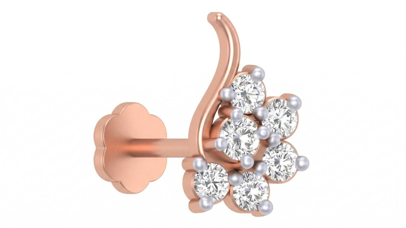 rose gold and diamond stud nose pin on a white background
