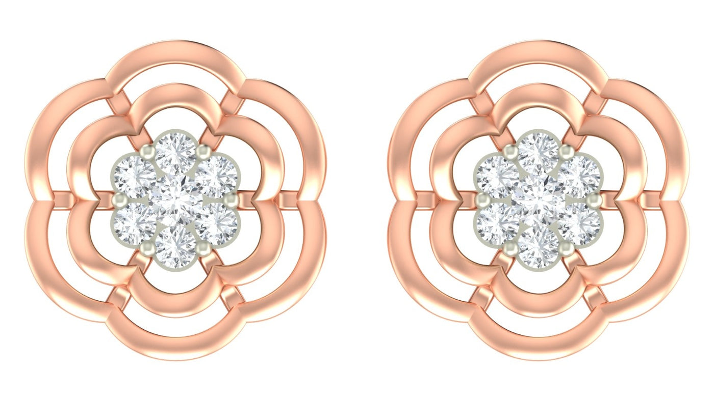 Rose gold and diamond stud earring with floral-design on a white background.