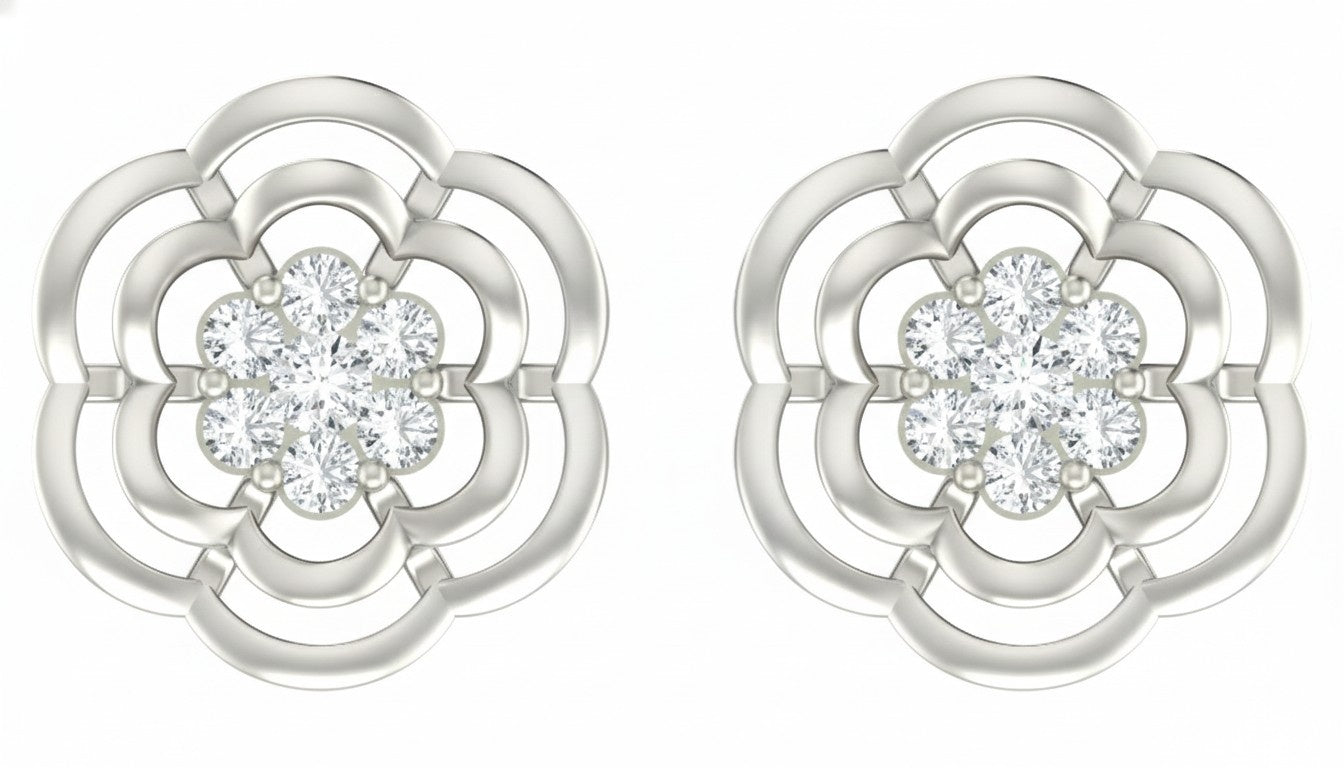 White gold and diamond stud earring with floral-design on a white background.