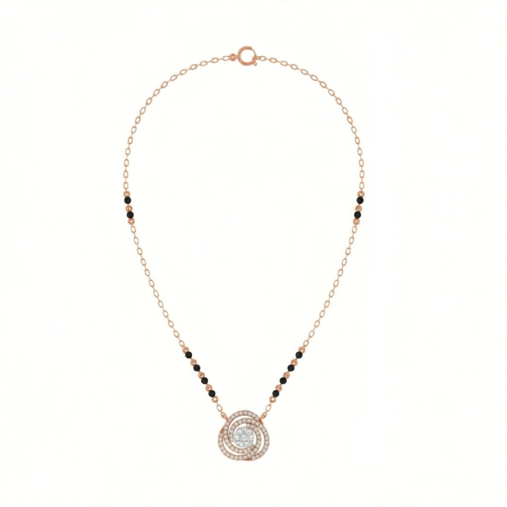 rose gold and diamond mangalsutra featuring diamonds on a white background