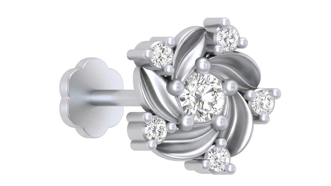 White Gold and diamond stud nose pin and pearl design on a white background