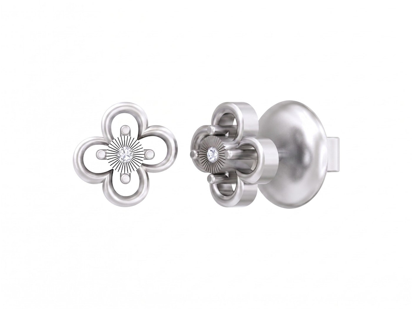 White Gold and diamond floral stud earring on a white background