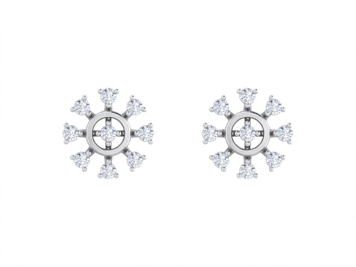 White gold and diamond stud earring with floral-design on a white background.