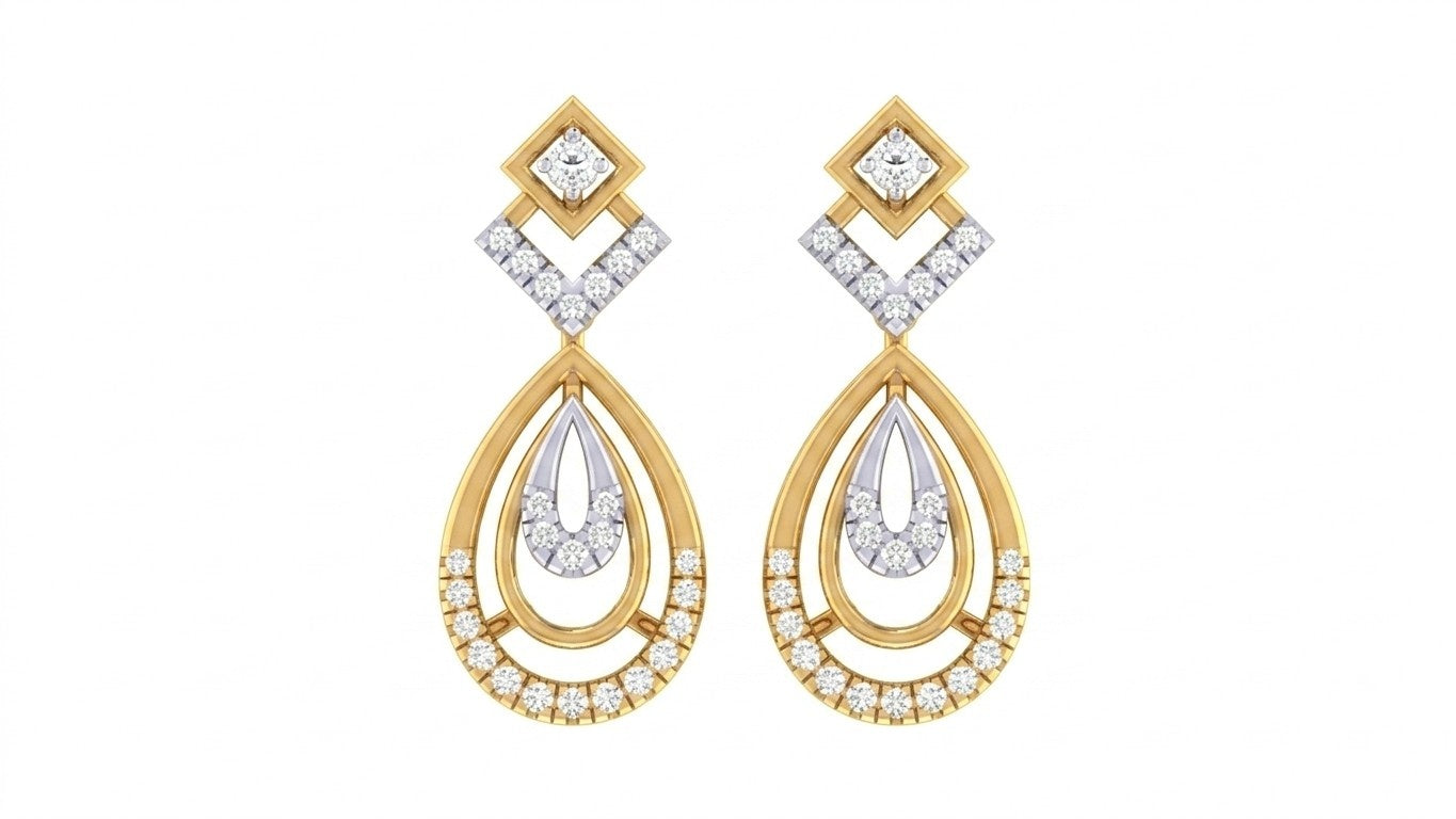 Yellow gold and diamond drop earring with teardrop-shaped on a white background