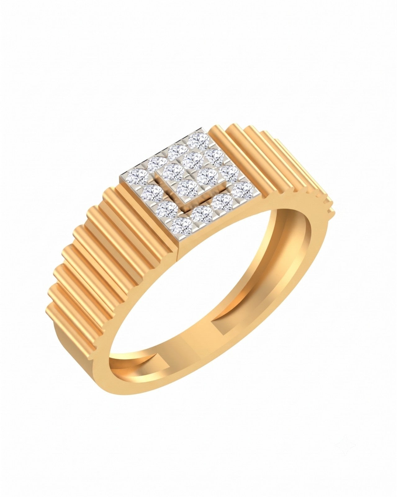 A yellow gold ring with a square diamond setting featuring a central diamond, set on a plain white background.