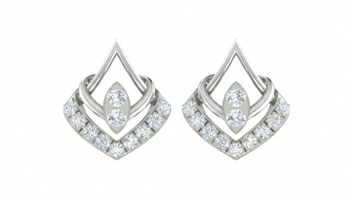 Pair of white gold and diamond geometric stud earrings on a white background