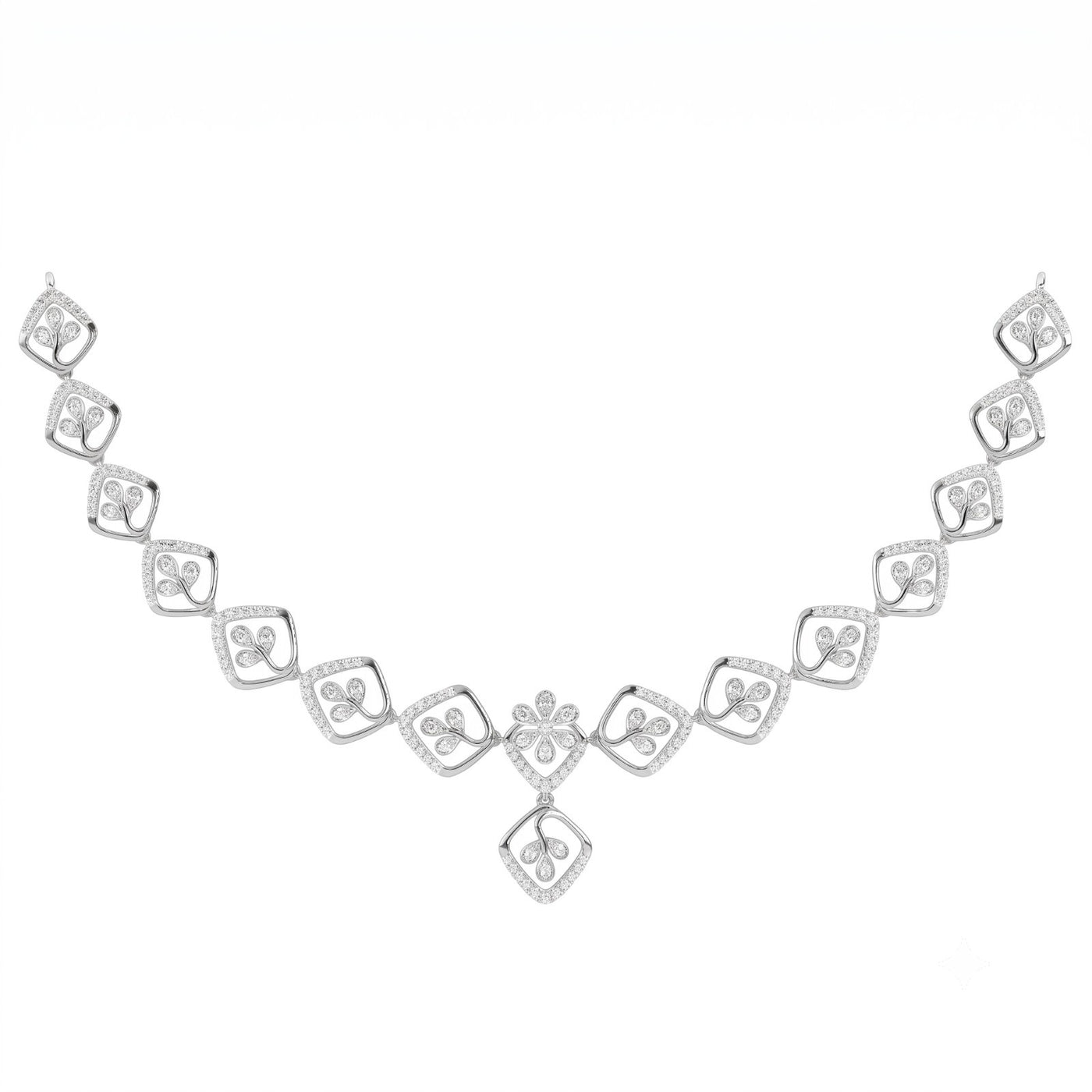 A white gold and diamond necklace featuring a symmetrical geometric design, displayed on a solid white background.