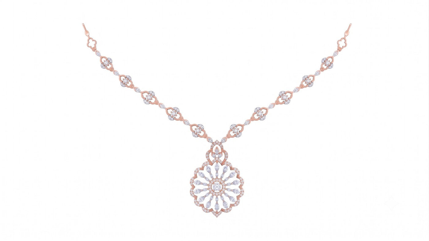 A rose gold and diamond necklace with floral design, shown on a plain white background.