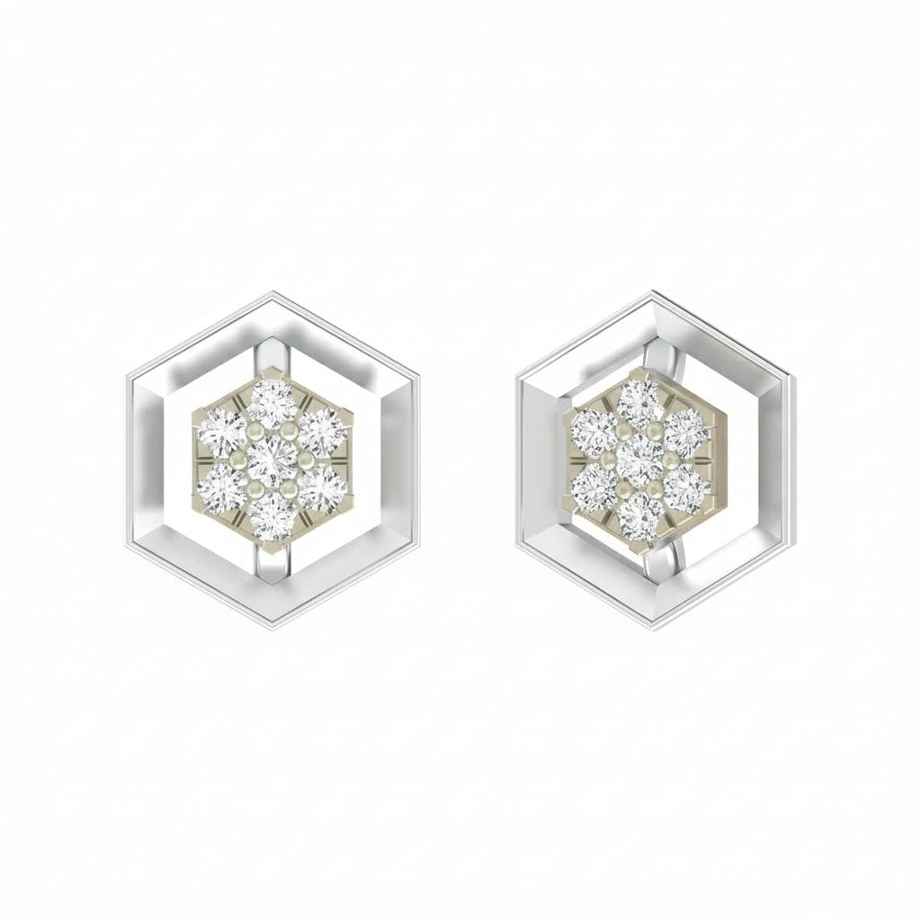 White gold and diamond hexagonal earrings on a white background.