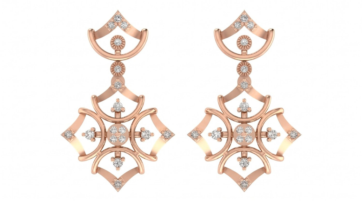 Rose gold and diamond drop earring on a white background.