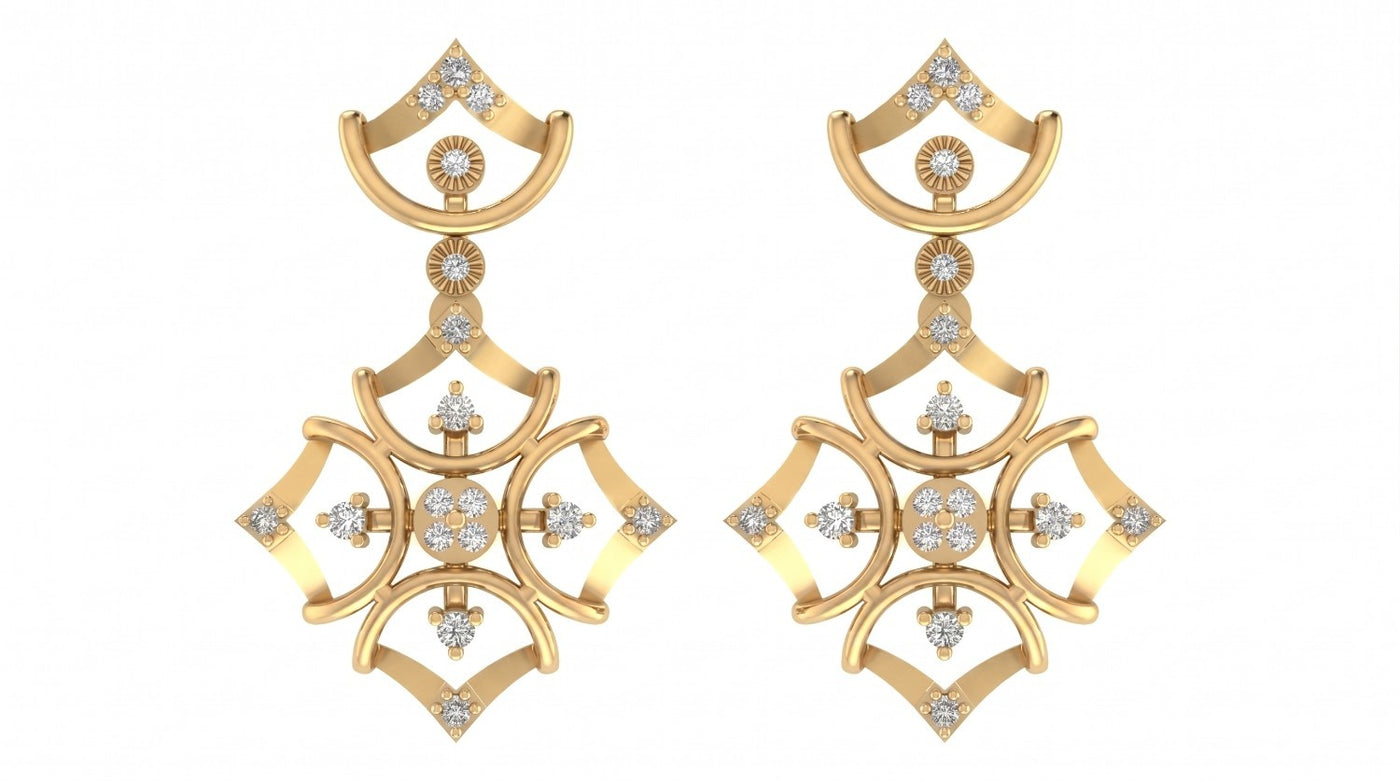 Yellow gold and diamond drop earring on a white background.