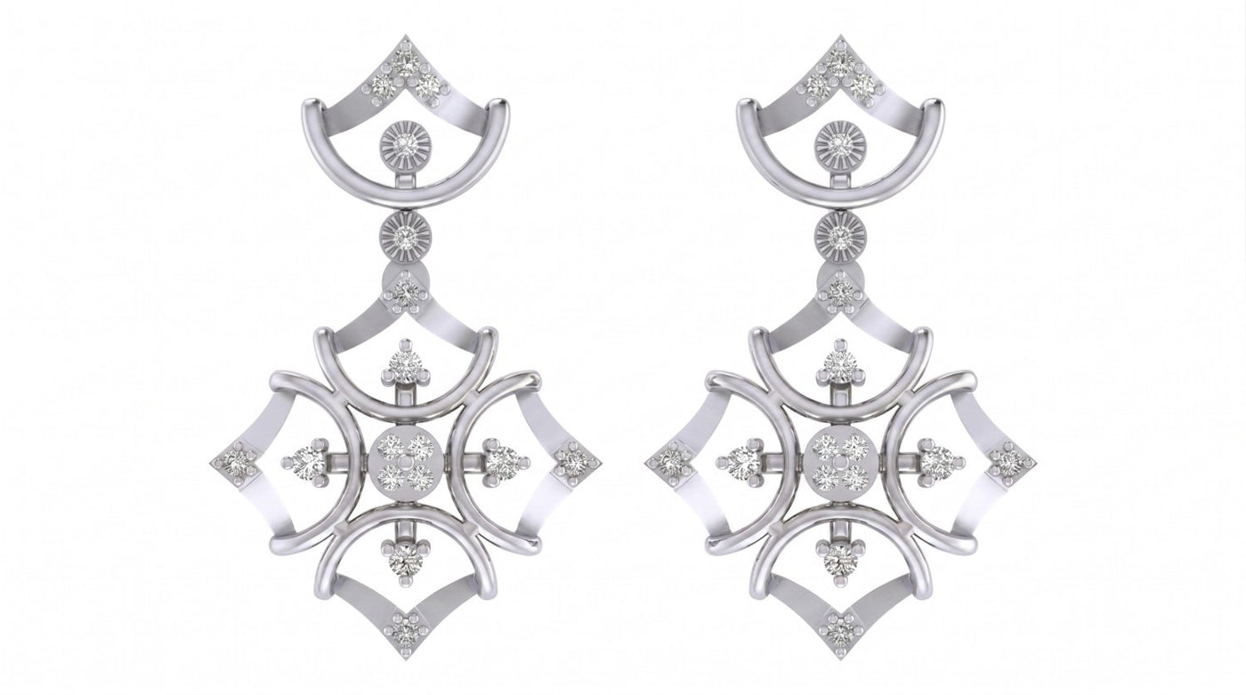 White gold and diamond drop earring on a white background.