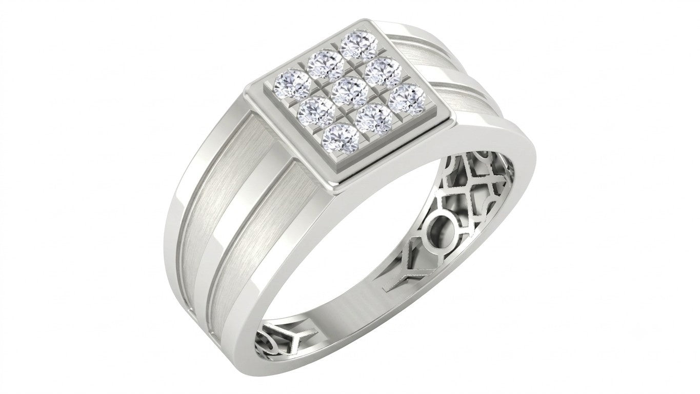 White gold and diamond men's ring with texture on a white background.