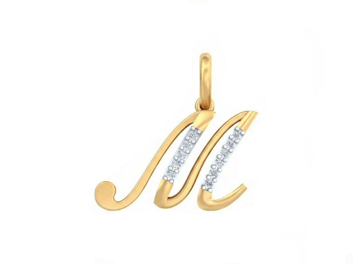Gold pendant shaped like the letter 'M' with embedded diamonds on a white background