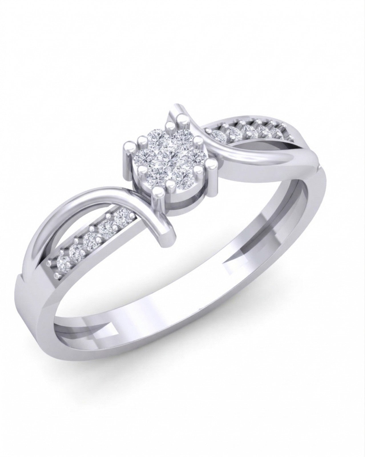 White gold ring with diamond accents on a white background