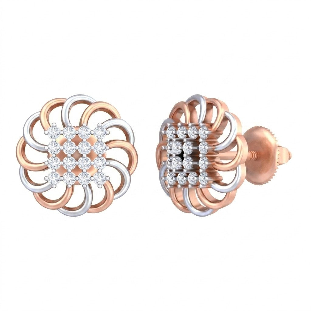Pair of rose gold and diamond floral stud earrings on a white background