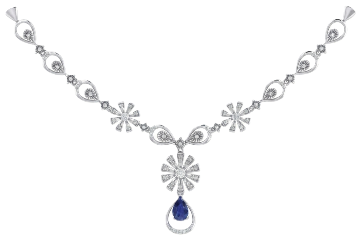 White Gold and diamond necklace with floral designs and a blue gemstone pendant.