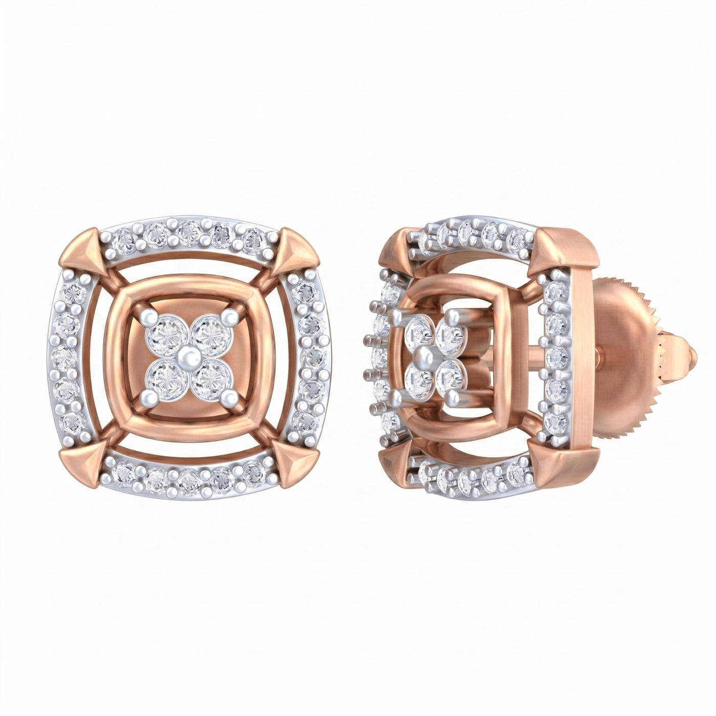 Rose gold and diamond stud earring with Square-shaped design on a white background.