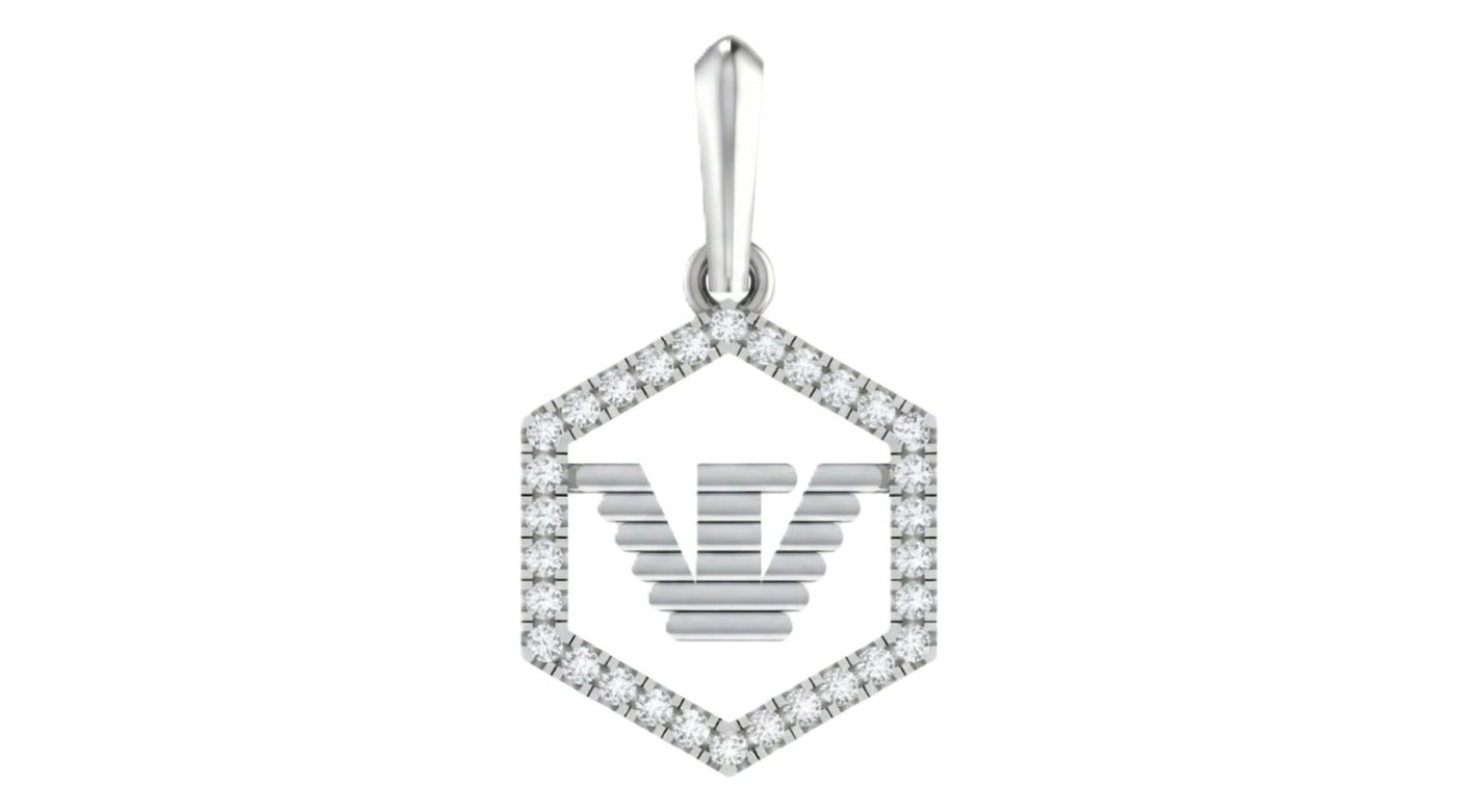 White gold and diamond pendant with hexagonal design on a white background
