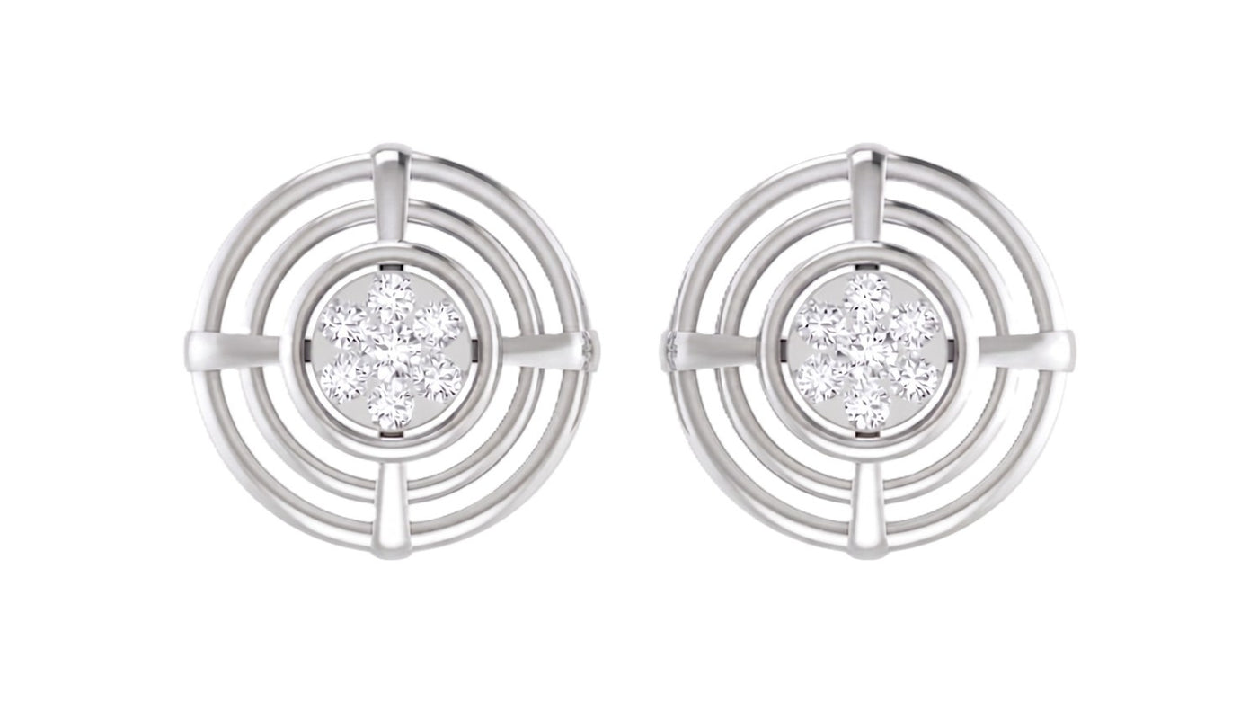White gold and diamond stud earrings with circular design on a white background