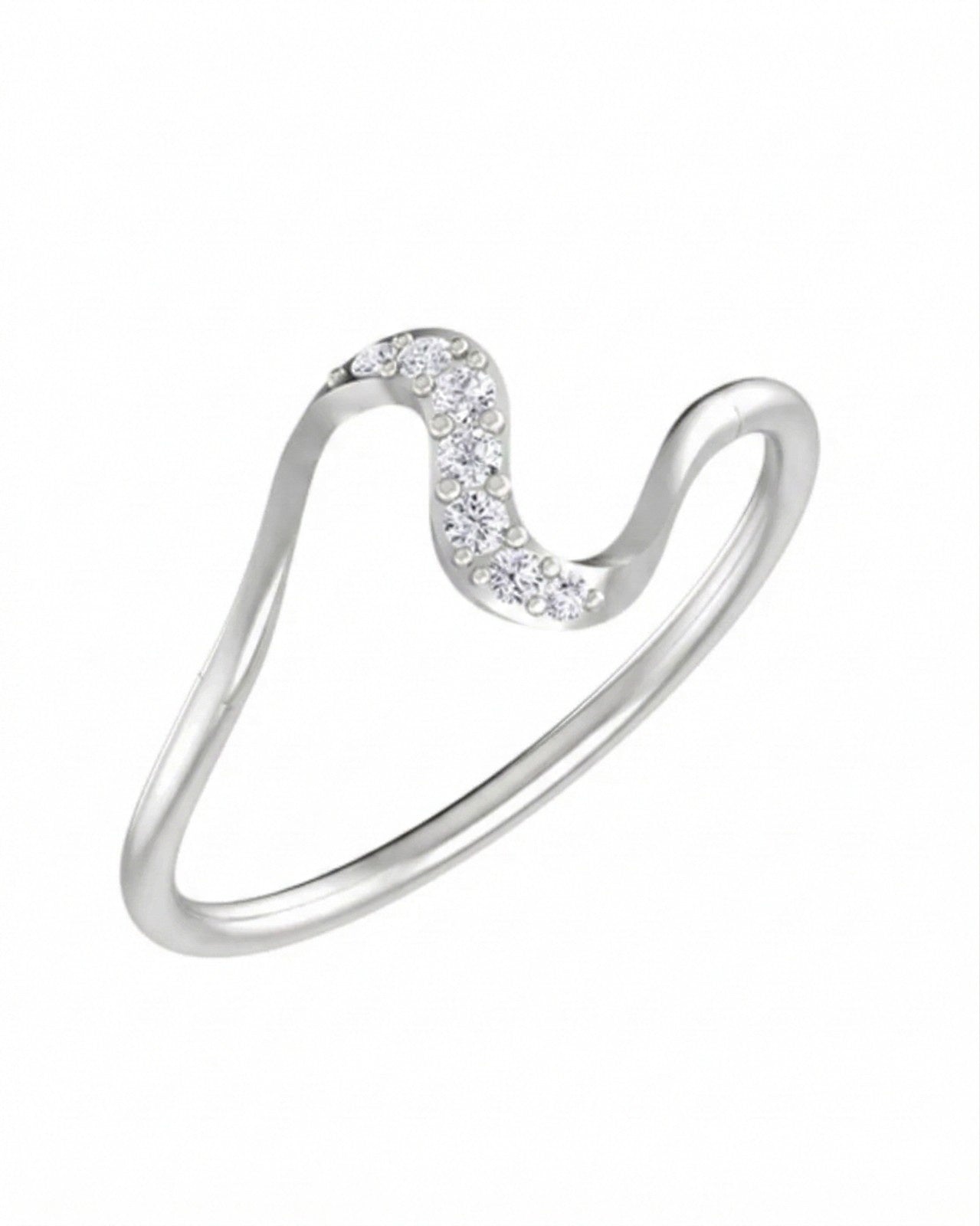 White gold ring with a curved design and small diamonds on a white background