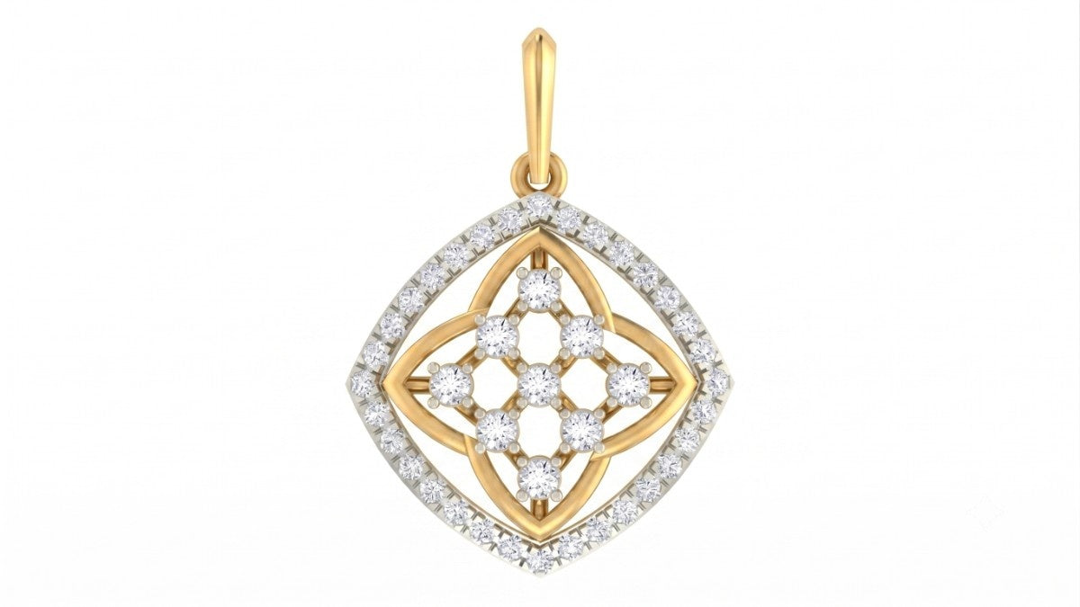 Yellow gold and diamond floral pendant on white background